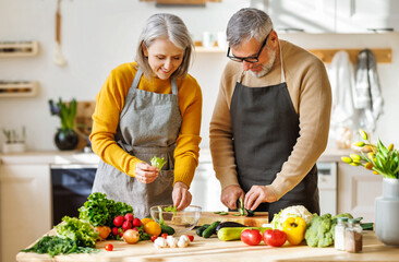 Happy elderly couple prepare vegetarian dinner together, chopping fresh colorful vegetables