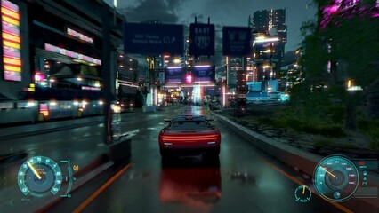 4k Futuristic cyberpunk faked 3d gameplay, videogame of future sci fi technology. Neon glow night. hud.