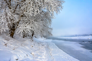 Cold frosty morning in St. Petersburg on the left bank of the Neva River.