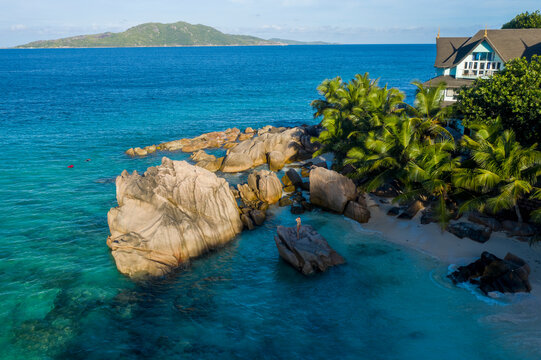 Aerial view of a building along the coast at Anse Severe, La Digue and Inner Islands, Seychelles.