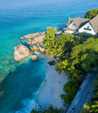 Aerial view of a building along the coast at Anse Severe, La Digue and Inner Islands, Seychelles.