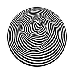 Abstract black and white striped round object. Geometric pattern with visual distortion effect. Optical illusion. Op art. Isolated on white background.