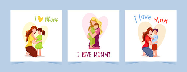 Greeting cards with lettering I love mom.  Son and daughter congratulate their mother. Children's love to their mother. Isolated vector illustrations for postcard, card, poster, banner in flat style.