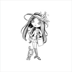 Chibi Girls Coloring page fpr kids | vector illustaton