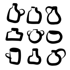 Vases and pots set. Ancient vase. Minimalist style. Objects for interior. Isolated vector illustration.