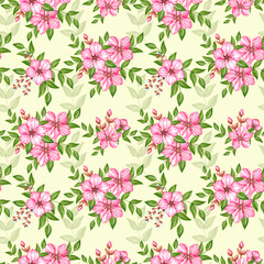 Floral watercolor pattern with pink cherry blossom
