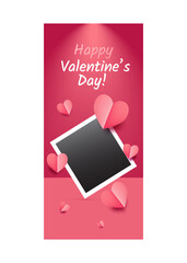 St.Valentine's day design. Realistic pink paper cut hearts. Empty photo frame for your photography or text. Holiday banner, poster, flyer, brochure, greeting card. Vector background with podium, stage