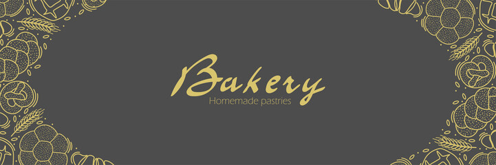 Trendy Vector horizontal background for bakery or cafe.Illustrations of buns,bread,baguette,and other pastries for packaging,labels,or signage.Line Art of food for banner, flyer or menu.Lettering