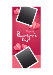 St.Valentine's day design. Realistic pink paper cut hearts. 2 empty photos frame for photography or text. Holiday banner, poster, flyer, brochure, greeting card. Vector background with podium, stage