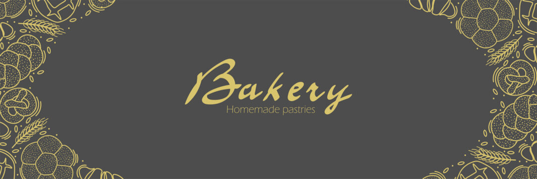 Trendy Vector horizontal background for bakery or cafe.Illustrations of buns,bread,baguette,and other pastries for packaging,labels,or signage.Line Art of food for banner, flyer or menu.Lettering