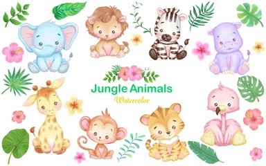 Fotobehang Speelgoed Jungle Safari dieren illustratie van aquarel schilderen. Babydieren, tropische planten en bloemen.