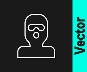 White line Thief mask icon isolated on black background. Bandit mask, criminal man. Vector