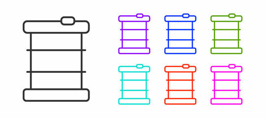 Black line Radioactive waste in barrel icon isolated on white background. Toxic refuse keg. Radioactive garbage emissions, environmental pollution. Set icons colorful. Vector