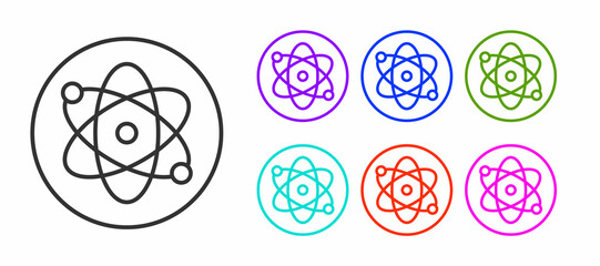 Black line Atom icon isolated on white background. Symbol of science, education, nuclear physics, scientific research. Set icons colorful. Vector