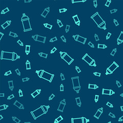 Green line Paint spray can icon isolated seamless pattern on blue background. Vector