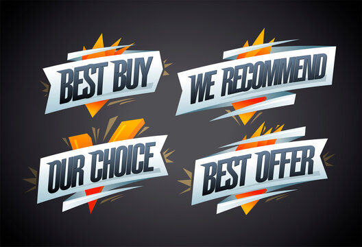 Best buy, we recommended, our choice, best offer - advertising sale vector symbol