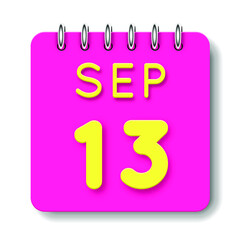 13 day of the month. September. Cute calendar daily icon. Date day week Sunday, Monday, Tuesday, Wednesday, Thursday, Friday, Saturday. Neon yellow. Pink Paper. White background.