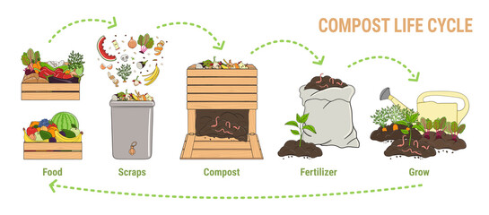 Compost life circle infographic. Composting process. Schema of recycling organic waste from collecting kitchen scraps to use compost for farming. Zero waste. Hand drawn vector illustration. - obrazy, fototapety, plakaty