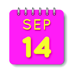14 day of the month. September. Cute calendar daily icon. Date day week Sunday, Monday, Tuesday, Wednesday, Thursday, Friday, Saturday. Neon yellow. Pink Paper. White background.