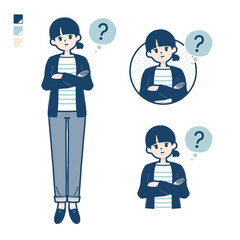ひとつ結びヘアーの女性が疑問を感じているイラスト