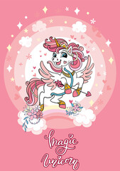 Cartoon unicorn with hearts poster vector illustration