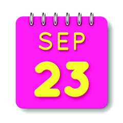 23 day of the month. September. Cute calendar daily icon. Date day week Sunday, Monday, Tuesday, Wednesday, Thursday, Friday, Saturday. Neon yellow. Pink Paper. White background.