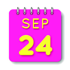 24 day of the month. September. Cute calendar daily icon. Date day week Sunday, Monday, Tuesday, Wednesday, Thursday, Friday, Saturday. Neon yellow. Pink Paper. White background.