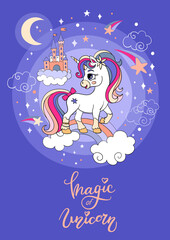 Cartoon unicorn with castle poster vector illustration
