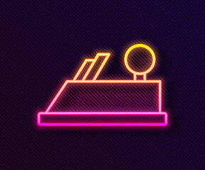 Glowing neon line Wood plane tool for woodworker hand crafted icon isolated on black background. Jointer plane. Vector