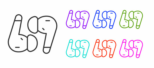Black line Air headphones icon icon isolated on white background. Holder wireless in case earphones garniture electronic gadget. Set icons colorful. Vector