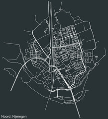 Detailed negative navigation white lines urban street roads map of the NIJMEGEN-NOORD DISTRICT of the Dutch regional capital city Nijmegen, Netherlands on dark gray background