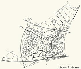 Detailed navigation black lines urban street roads map of the LINDENHOLT DISTRICT of the Dutch regional capital city Nijmegen, Netherlands on vintage beige background
