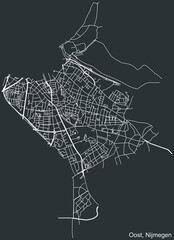 Detailed negative navigation white lines urban street roads map of the NIJMEGEN-OOST DISTRICT of the Dutch regional capital city Nijmegen, Netherlands on dark gray background