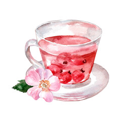 Glass mug with tea on a white background. Watercolor hand drawn illustration. Green, black, herbal and rosehip tea.