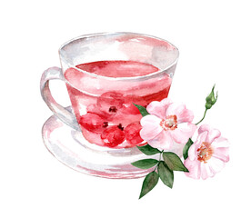 Glass mug with tea on a white background. Watercolor hand drawn illustration. Green, black, herbal and rosehip tea.