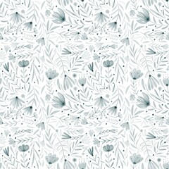 Seamless watercolor pattern with abstract cute grey flowers on white background. Endless texture for your design, greeting cards, announcements, posters. 