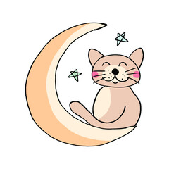 cat and moon cartoon on white background Design element for logo, poster, card, banner, emblem, t shirt. Vector illustration.