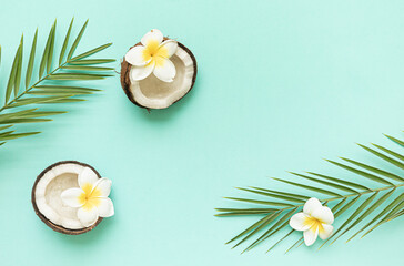 Tropical background with coconut and palm leaves.