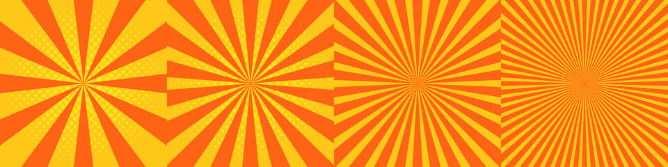 Vector set of comic retro backgrounds. Sunburst, sun rays, pop art retro style.