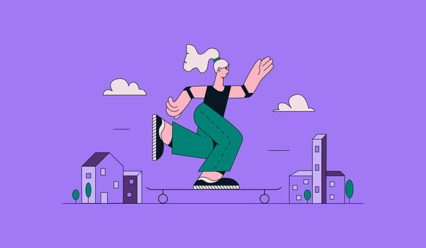 Happy teenage girl or skateboarder rides on a skateboard on the background of the city. Outline vector illustration.