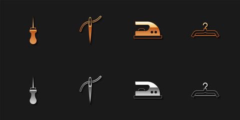 Set Awl tool, Needle with thread, Electric iron and Hanger wardrobe icon. Vector
