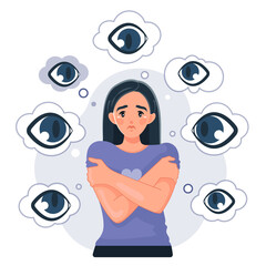 The concept of mental disorder and paranoia. Sad paranoid girl surrounded by big eyes. Persecution mania, depression, fear, phobia, OCD. Vector illustration in cartoon style