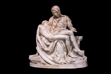plaster copy of the sculpture "Lamentation of Christ" by Michelangelo Buonarroti isolated on black background