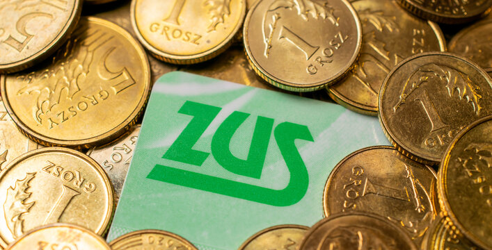 Katowice, Poland - 02.07.2022 zus logo on the background of penny coins
