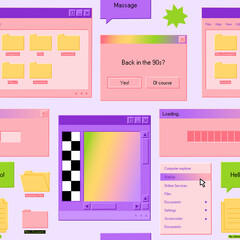 Seamless pattern with old computer windows. User interface elements, desktop with message boxes, buttons. Hand drawn vector illustration isolated on light background. Modern flat cartoon style.