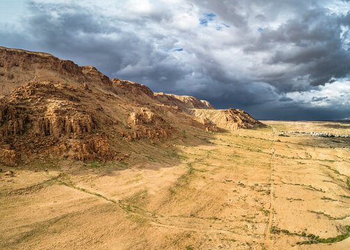 Aerial view of mountain in a desert valley near Jerusalem, Palestine, Israel.