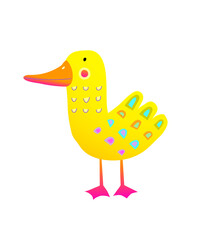 Abstract duck bird character design for children. Bold colorful and saturated abstract shape contemporary cartoon for kids design. Yellow duck geometric trendy textured artwork. Vector illustration.