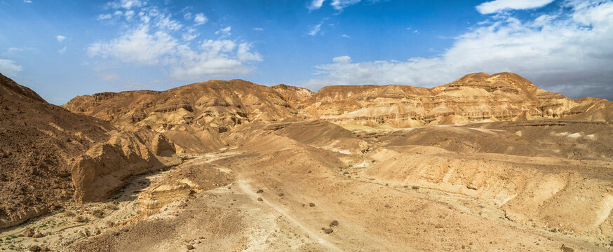 Panoramic aerial view of mountain in a desert landscape, Mizpe Ramon, Negev, Israel.