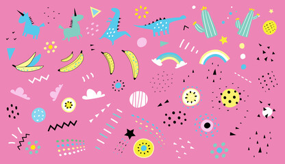 Modern abstract textile shapes, unicorn dinosaur rainbow cactus and banana for children design. Vector basic dinosaur and banana shapes. Modern geometric shapes for kids.