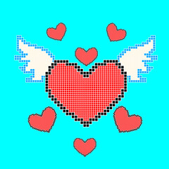 Pixel art. Heart with wings on a blue background. Valentine's Day.